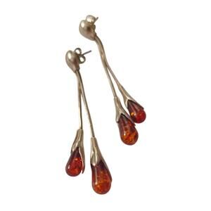 Vintage Baltic Amber Sterling Silver Drop Dangle Earrings 925
